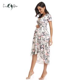 Women High-Low Surplice Wrap with Waist Belt Maternity Dresses Adjustable V Neck Pography Dress Breastfeeding Pregnant Clothe 210922