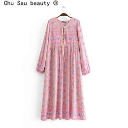 Chu Sau beauty Bohemian Chic Floral Print Maxi Dress Women Holiday Fashion Loose Long Dresses Female Vestido De Moda 210508
