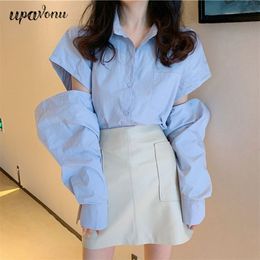 Free Autumn Chic Women's Blouse White Lapel Long Sleeve Hollow Design Blue Casual Shirt Fashion 210524