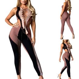 Women's Two Piece Pants Women Sexy Two-piece Clothes Set Variegated Colour Hollow Out Vest And Close-fitting