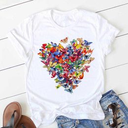 Women's T-shirt Summer Pink Heart Flower Print Basic O-Neck T-shirt Girl Ladies Streetwear Harajuku T-shirt Kawaii Graphic Tees X0527