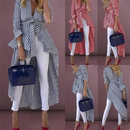 Women's Trench Coats Stripe Shirts Long Sleeve V-neck Loose Tops With Belt Front Dip Hem Shirt Blouse Striped Tied High Street Women