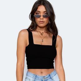 Solid color Square neck bare midriff Tank Top tees Summer Short crop tops for women fashion clothing black red white will and sandy