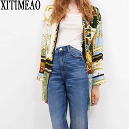 ZA Women Spring Autumn Retro Printing Simple Style Loose Long Lengthen Sleeve Shirt Casual Oversize Chic Tops XITIMEAO 210602