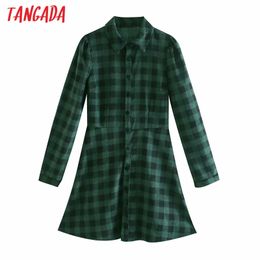 Spring Women Green Plaid Pattern Corduroy Shirt Vintage Long Sleeve Casual Ladies A-line Dress 6P25 210416