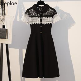 Neploe Lace Patchwork Chiffon Dress Women Peter Pan Collar Hollow Out Short Sleeve Elegant Dresses Plus Size Vestidos Mujer 210422