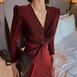 Pure Colour autumn and winter slim French temperament wine red bright silk dress Office Lady knitting Cotton 210416