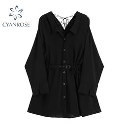 Autumn French Little Black Dresses Women Fashion Korea Style V Neck Long Sleeve Slim Waist A Line Dress women with belt 210515