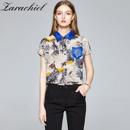 Summer One Pocket Women Chiffon Shirt Female Vintage Print Blouse Tops Short Sleeve Casual Turn-down Collar Loose Blouses 210416