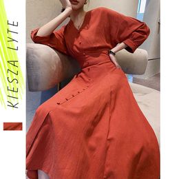 Sexy Red Midi Dress Front Button V-neck Wrist Sleeve A-line Dresses Elegant Party Vestidos 210608