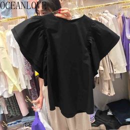 Sweet Butterfly Sleeve Wmen T Shirt Solid O Neck Spring Summer Pullovers All Match Fashion Ins T-shirt Girl 14233 210415