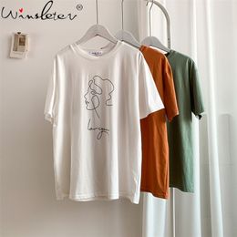 Summer T-shirt Women White Orange Green Drawing Print Abstract Cotton Loose O-neck Short Sleeve Basic Tee Tops T14603A 210421