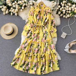 Women Fashion Bow Neck Bowknot Long Sleeve Wood Ear Lace-up Slim A-line Dress Print Elegant Clothes Vestidos R937 210527