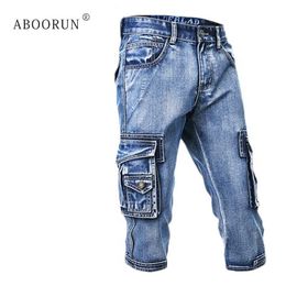 ABOORUN Summer Men's Cargo Denim Shorts Military Multi Pockets Biker Short Jeans for male x1358 X0628