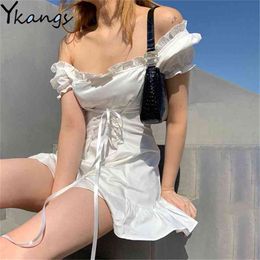 Puff Sleeve Ruffles White Dress Women Summer Vintage Bow Sexy Mini Party Female Solid French Romantic Vestidos 210421