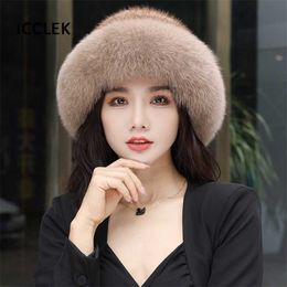 Women Real Mink Fur Bomber Hat Winter Genuine Knit Caps Warm Ear Protection Luxury Fluffy s Elastic Bowler 211119