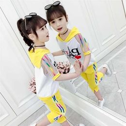 4-14T Girls Summer Clothes Set Fashion Color Striped Hooded Two Pieces Clothing 110-160 High Quality 211025