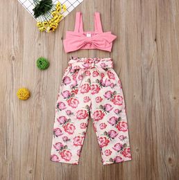 Toddler Baby Girl Clothing Sets Solid Colour Crop Vest Strap Tops Flower Print Long Pants 2Pcs Outfits Cotton Clothes