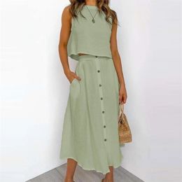High Waist Skirt Women's Suit Sleeveless Top Two Piece Set Button Long A-line Skirts Summer Casual Tops Sets Plus Size 210730