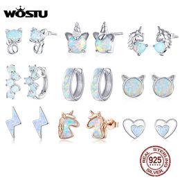 WOSTU 925 Sterling Stud Cat Unicorn Heart Blue Opal Earrings For Women Original Silver 925 Jewelry