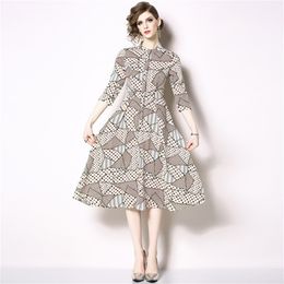 High Quality Plus Size S-3XL Elegant Summer Arrival Stand Collar Dots Three-quarter Sleeve Woman Chiffon Long Dress 210603