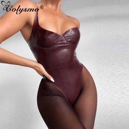 Colysmo Leather Bodycon Bodysuit Removable Pads Underwire Stretch Spaghetti Strap Wine Overalls Women Summer Fashion Clubwear 210527