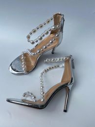 fashion Silver leather Women Sandal pearl Sexy High Heels Buckle Strap Gladiator Sandals Stiletto heel Wedding RhineStone