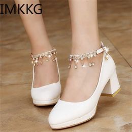 White Women Wedding Shoes Crystal Preal Ankle Strap Bridal Woman Dress Seay Pumps Sweet Party Y10342 211123