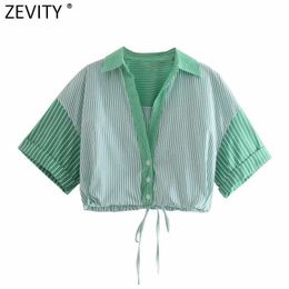 Zevity Women Fashion Patchwork Striped Print Short Smock Blouse Office Lady Hem Elastic Bow Shirts Chic Blusas Crop Tops LS9209 210603