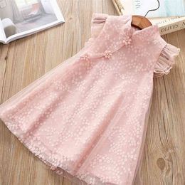 Summer 2-6 7 8 10 Years Crew Neck Fly Sleeve Baby Mesh Floral Chiffon Chinese Ethnic Style Kids Cheongsam Dresses For Girls 210701