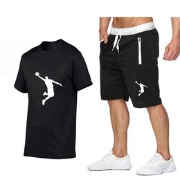 2021 summer new men's casual short-sleeved sports suit, short-sleeved shirt + shorts casual sports print suit X0909