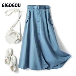 GIGOGOU Big Pocket Women Long Midi Skirt Elegant High Waist Pleated A Line Skirts Spring Summer Tulle Tutu Skirts Jupe Longue 210412