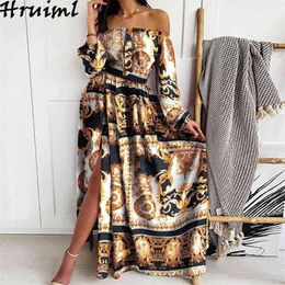 Fashion Women Dress Autumn Print Long Sleeve Off Shoulder High Waist Big Swing Split Lady Maxi Sexy Evening Party Vestidos 210513