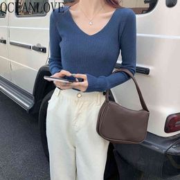 V Neck Sexy Winter Knitted Sweaters Women Solid Slim Autumn All Match 9 Colour Pull Femme Korean Pullovers 18711 210415