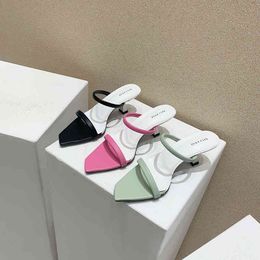 Pointed Toe Women Slippers Shallow Slip On Mules Narrow Band Thin High Heels Black/Pink/Green Ladies Sandals Slides Mules Shoes 210513