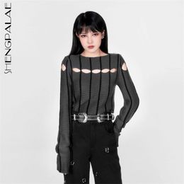 Hollowed Out Sweater Women's Spring Round Neck Striped Grey Long Sleeve Short Knitted Pullover Tops 5A1355 210427