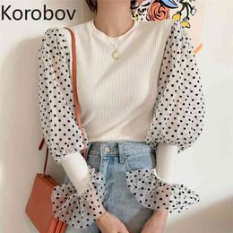 Korobov Korean Chic Women Knit Chiffon Patchwork Blouses Vintage Polka Dot Mesh Flare Sleeve Shirts New Fake 2 Piece Blusas 210430