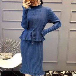 Knitted Dress Women Autumn Winter Comfortable Cashmere Fake Two High Waist Knee-Length Women's Sweater 210427