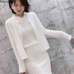 Spring Autumn Elegant Knitted 2 Piece Sets Suits Women Long Sleeve Cardigan + Sleeveless Dress Vintage Office 210513