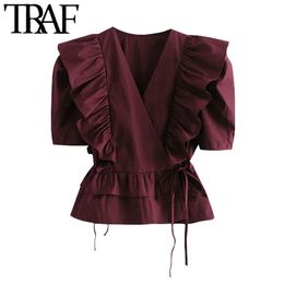 TRAF Women Fashion With Tied Ruffled Blouses Vintage V Neck Puff Sleeve Female Shirts Blusas Chic Tops 210415