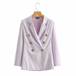 Elegant Women Light Purple Jacket Fashion Ladies Notched Neck Blazer Causal Female Chic Double Breasted Coats 210527