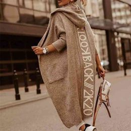 Women's Knitted Mid-length Hooded Cardigan Letter Stitching Sweater Women Jacket 210922