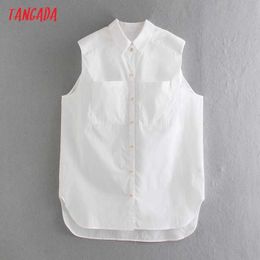 Tangada Summer Women Shoulder Sponge White Shirts Sleeveless Pocket Turn Down Collar Elegant Ladies Tops CE209 210609