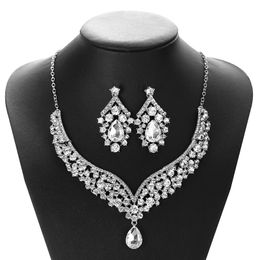Exaggeration Silver Colour Crystal Choker Necklace Earrings Wedding Jewellery Set for Women Water drop Bridal Gift