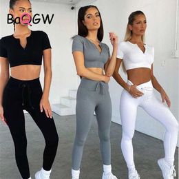 BaQGW Solid Ribbed FitnYoga Set Women Gym Clothes Sports Bra Short Sleeve Crop Top High Waist Leggings Workout Tracksuit X0629