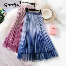 Qooth Summer Trendy Women Skirts All-match Gradient Colour Shiny Tulle Pleated Tutu Midi With Lining QT018 210609