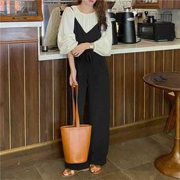 Spring Autumn Women's Sets Korean Pure Color Casual Long Sleeve Top + Sling Thin Loose One-piece Pants Female LL411 210506
