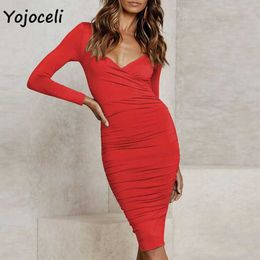 Yojoceli sexy v neck wrap bodycon dres party club pencil long sleeve winter day 210609