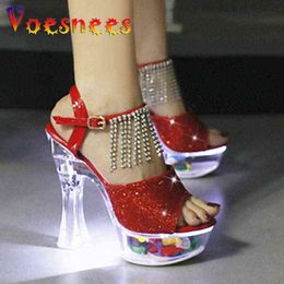 Light Up Glowing Diamond Tassels Shoe Woman Luminous Transparent Petal Platform Sandals 14CM High Heel Women Pole Dance Shoes Y220211