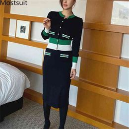 Autumn Korean Color-blocked Knitted Two Piece Skirt Suit Sets Women Long Sleeve Cardigan + Elastic Waist Ladies 210513